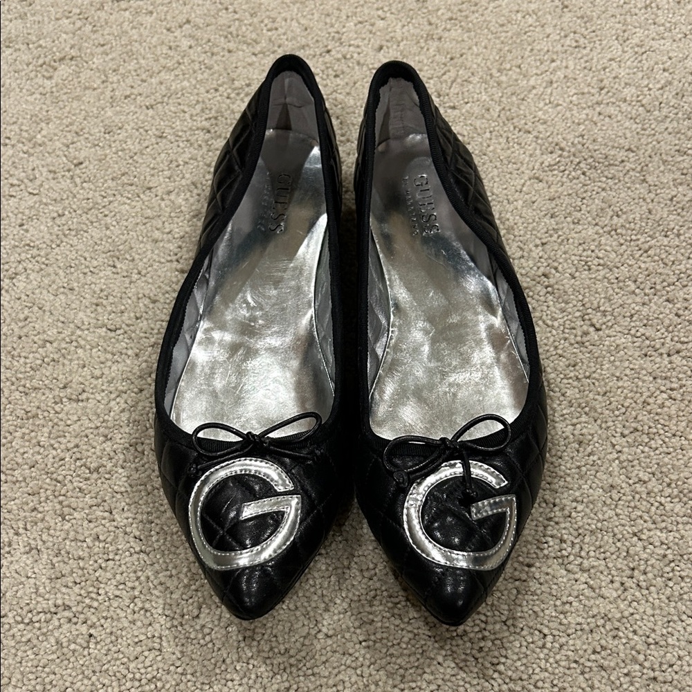 Guess Black Quilted Flats with Silver Accent